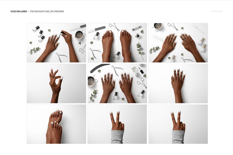 May include: A series of images displaying manicured hands and feet with white nail polish. The images include nail polish bottles, manicure tools, and coffee cups, arranged on a white surface. The theme is beauty and nail care.