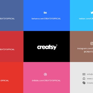 May include: A graphic with a black background and the word "creatsy" in white text. The graphic is surrounded by nine colored squares, each with a social media icon and the corresponding URL for the Creatsy official account. The social media platforms include Facebook, Behance, Twitter, Pinterest, Instagram, YouTube, Dribbble, and Creatsy.