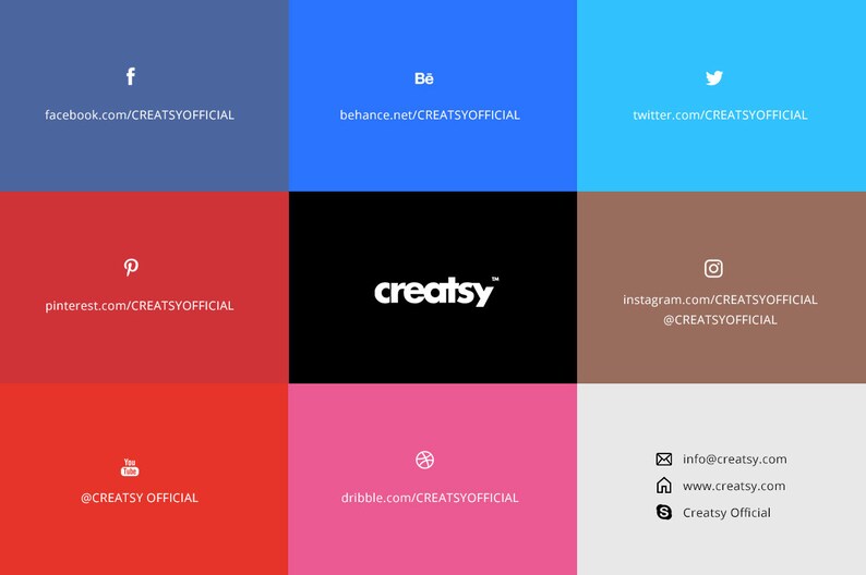 May include: A graphic with a black background and the word "creatsy" in white text. The graphic is surrounded by nine colored squares, each with a social media icon and the corresponding URL for the Creatsy official account. The social media platforms include Facebook, Behance, Twitter, Pinterest, Instagram, YouTube, Dribbble, and Creatsy.