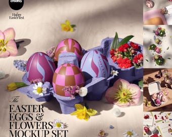 Easter Eggs and Flowers PSD Mockup Set with 5 Styled Scenes
