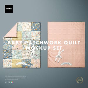 May include: A baby patchwork quilt mockup set. One quilt is a patchwork design with floral and geometric patterns in pastel colors. The other quilt is solid pink with white polka dots. Both have a white stuffed bunny. Text reads "BABY PATCHWORK QUILT MOCKUP SET".