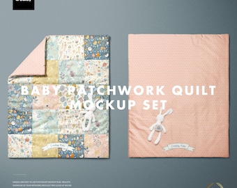 May include: A baby patchwork quilt mockup set. One quilt is a patchwork design with floral and geometric patterns in pastel colors. The other quilt is solid pink with white polka dots. Both have a white stuffed bunny. Text reads "BABY PATCHWORK QUILT MOCKUP SET".