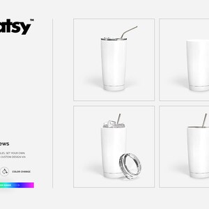 May include: Three different views of a white stainless steel tumbler with a lid and straw. The tumbler is shown with and without ice and a straw. The tumbler is a mockup for a design.