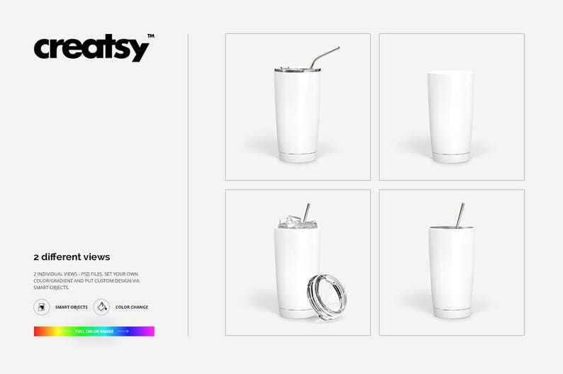 May include: Three different views of a white stainless steel tumbler with a lid and straw. The tumbler is shown with and without ice and a straw. The tumbler is a mockup for a design.