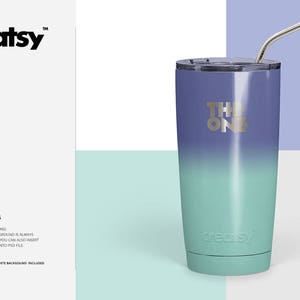 May include: A stainless steel tumbler with a gradient design, transitioning from purple to blue to green. The tumbler has a silver lid and a straw. The text "The One" is printed on the side of the tumbler.