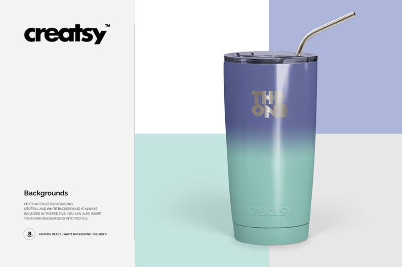 May include: A stainless steel tumbler with a gradient design, transitioning from purple to blue to green. The tumbler has a silver lid and a straw. The text "The One" is printed on the side of the tumbler.