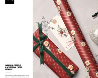 Wrapped Present and Wrapping Paper Mockup