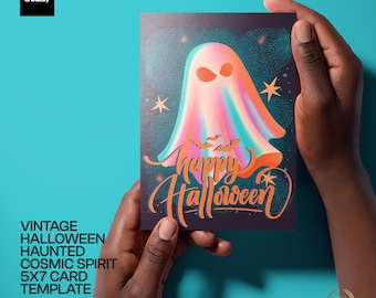 Vintage Halloween Cosmic Ghost 5x7 Folded Card PSD Template