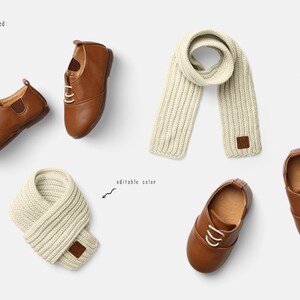Op de afbeelding: Vier bruine leren schoenen met witte veters en een witte gebreide sjaal. De sjaal wordt in twee verschillende posities getoond.  "Cute adds included" en "editable color" staan in de afbeelding.