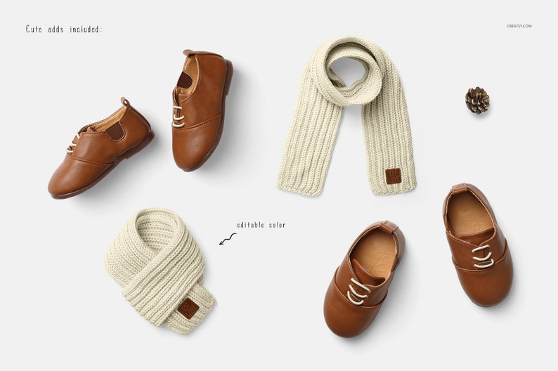 Op de afbeelding: Vier bruine leren schoenen met witte veters en een witte gebreide sjaal. De sjaal wordt in twee verschillende posities getoond.  "Cute adds included" en "editable color" staan in de afbeelding.