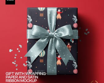 Gift Wrapping Paper Satin Ribbon Mockup PSD Top View Present Packaging Template.
