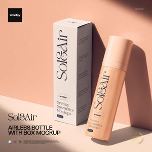 May include: A mockup of an airless bottle and box for cosmetics. The bottle and box are a light peach color with the words "Sol&Air" printed on them in a stylish font. The box also has the words "Creatsy Cosmetics Mockups" printed on it.