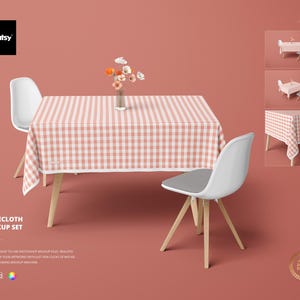 May include: A pink and white checkered tablecloth mockup set with two chairs. The tablecloth is on a table with a vase of flowers in the center. The chairs are wooden with white seats.