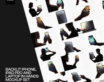 Backlit iPhone, iPad Pro and Laptop PSD Mockup Set, 51 Scenes