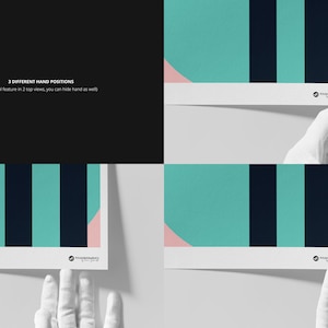 May include: Mockup of a white card with a teal, black, and pink geometric design. The card is held by a gloved hand in three different positions.