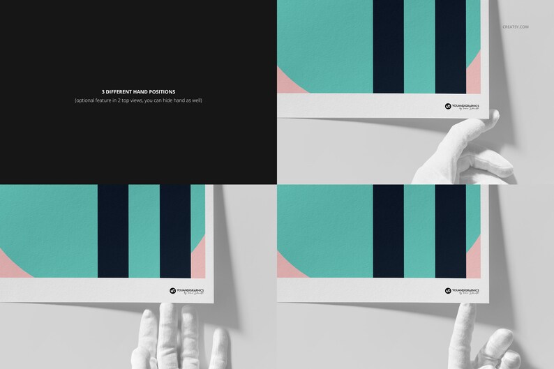 May include: Mockup of a white card with a teal, black, and pink geometric design. The card is held by a gloved hand in three different positions.