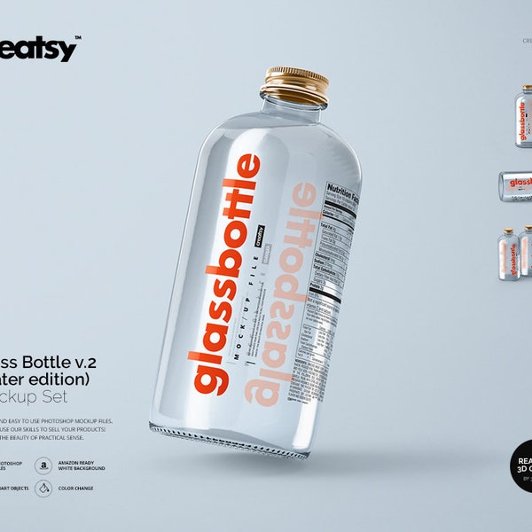 Glasflasche Mockup Set v.2 (Wasser Edition), Flaschenmodell, Flaschenvorlage, Custom Label