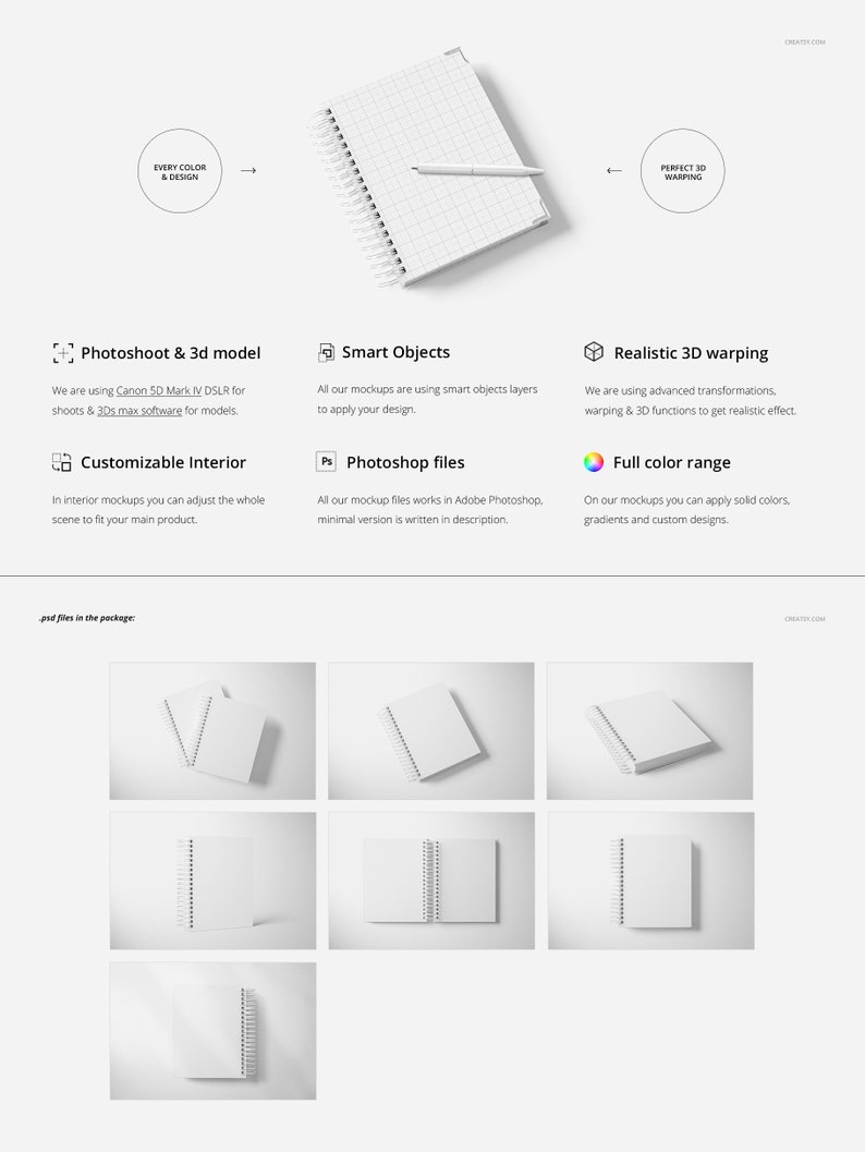 Op de afbeelding: Een mockup van een wit spiraalgebonden notitieboek met een rasterpatroon. Het notitieboek ligt plat op een wit oppervlak. Het notitieboek is aanpasbaar met verschillende kleuren en ontwerpen.