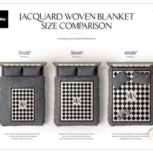 ジャカード織りのブランケットと寝具の魅力的なシーンとサイズ比較のモックアップセット