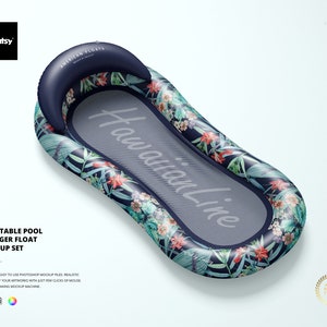 Puede incluir: Una tumbona inflable para piscina azul y verde con estampado floral y el texto "Hawaiian Line".