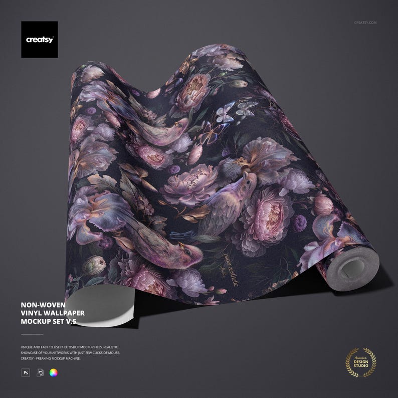 Non-woven Vinyl Wallpaper Mockup Set v.5, Editable Pattern Display Template, Digital PSD Files image 1