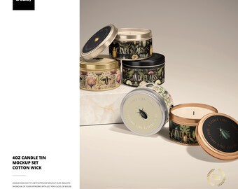 4 oz Candle Tin Mockup Set - Cotton Wick PSD Smart Object Packaging Label
