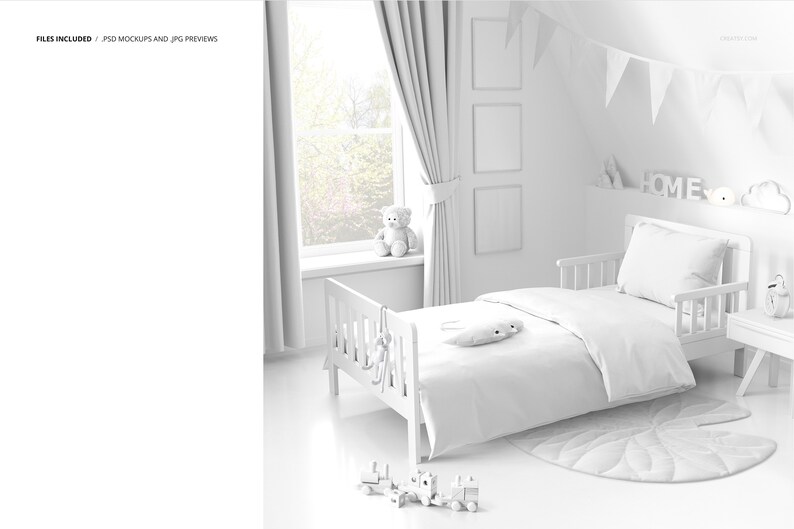 Puede incluir: Cama blanca para ni&ntilde;os peque&ntilde;os con un edred&oacute;n blanco y una almohada blanca. La cama est&aacute; en una habitaci&oacute;n blanca con una alfombra blanca y un oso de peluche blanco sentado en un alf&eacute;izar de la ventana. La habitaci&oacute;n tambi&eacute;n tiene cortinas blancas, marcos blancos y una mesita de noche blanca.