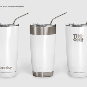 May include: Three white stainless steel tumblers with lids and straws. The tumblers are blank, except for one that says "The One" and another that says "creatsy".