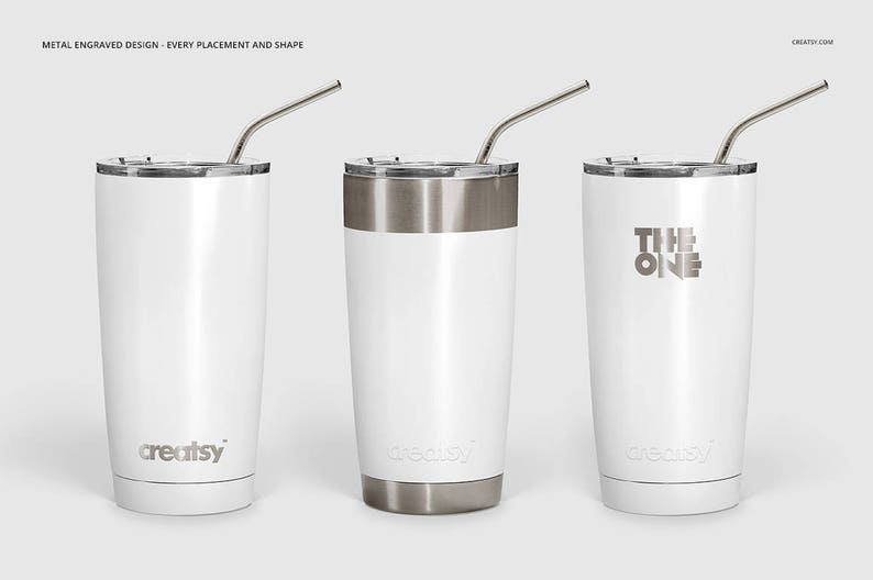 May include: Three white stainless steel tumblers with lids and straws. The tumblers are blank, except for one that says "The One" and another that says "creatsy".