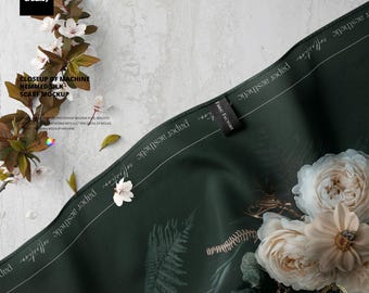 以下が含まれることがあります： 花とハチドリのデザインが施された濃い緑色のシルクのスカーフ。「paper aesthetic collection」の文字が端にプリントされています。「Closeup of machine hemmed silk scarf mockup」の文字も表示されています。