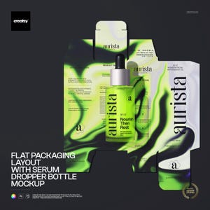 May include: A flat packaging layout mockup featuring a serum dropper bottle. The bottle is filled with a green liquid and has a black dropper. The packaging has a green and white design with the brand name "aurista" and the text "Nourish Then Rest".