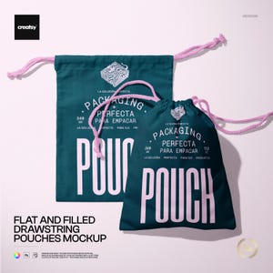 Platta och fyllda dragskopåsar Mockup PSD tygpåsar varumärkesmall.