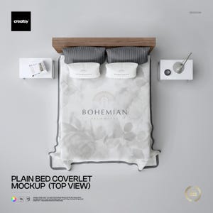 May include: Top-down view of a bed with a wooden headboard, gray striped pillows, and white pillows with "Bohemian" text. The bedspread features a floral design and the text "Bohemian Palm Hotel". Two white nightstands are on either side.