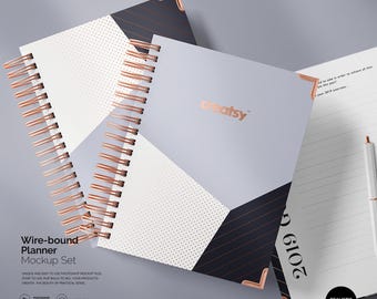 Wire-bound Planner Mockup Set PSD, Spiral Notebook Flatlay with Copper Binding and Pen