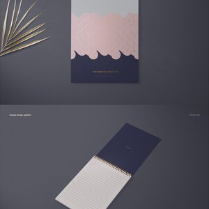 May include: A closed spiral notebook mockup with a dark blue cover and a pink and gold geometric design. The text "NOTEBOOK MOCKUP" is printed on the cover.