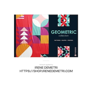 Op de afbeelding: Een poster voor een geometrische collectie met een kleurrijk abstract ontwerp. De poster toont vormen en patronen in rood, oranje, roze, blauwgroen en wit. De tekst "GEOMETRIC collection" staat in het wit op een donkerblauwe achtergrond.