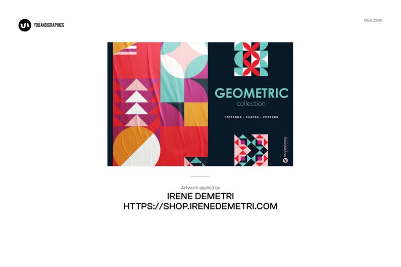 Op de afbeelding: Een poster voor een geometrische collectie met een kleurrijk abstract ontwerp. De poster toont vormen en patronen in rood, oranje, roze, blauwgroen en wit. De tekst "GEOMETRIC collection" staat in het wit op een donkerblauwe achtergrond.