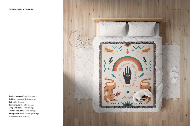 K&ouml;nnte beinhalten: Eine wei&szlig;e gewebte Wolldecke mit einem farbenfrohen Design, das eine Hand mit einem Auge, einen Regenbogen und Tiger zeigt. Der Text "The Eye of Truth + Being" ist auf der Decke geschrieben.