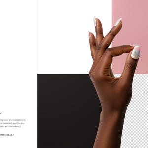 May include: A hand with manicured nails against a backdrop of white, black, pink, and a transparent checkered pattern. The nails are painted white with a subtle design. The image includes the text "Backgrounds".