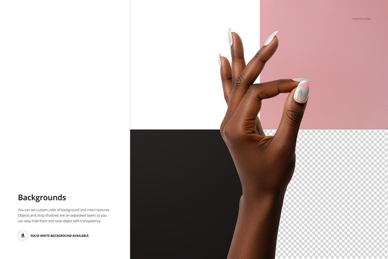 May include: A hand with manicured nails against a backdrop of white, black, pink, and a transparent checkered pattern. The nails are painted white with a subtle design. The image includes the text "Backgrounds".