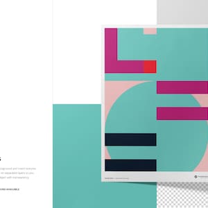 May include: Abstract geometric design with a pink, teal, and magenta color scheme. The design features a circle, squares, and rectangles.