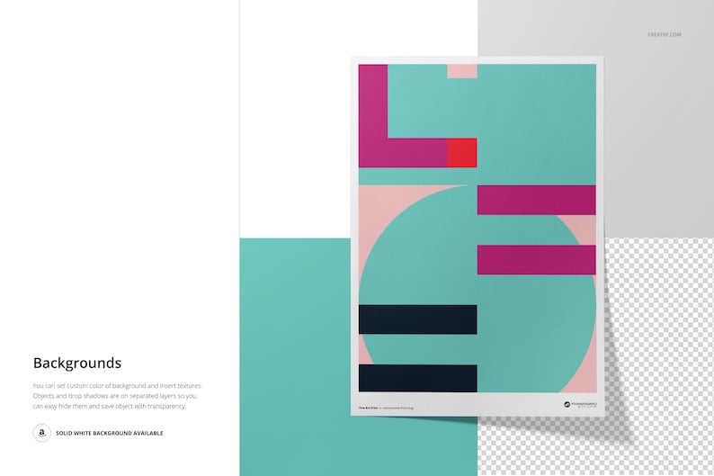 May include: Abstract geometric design with a pink, teal, and magenta color scheme. The design features a circle, squares, and rectangles.