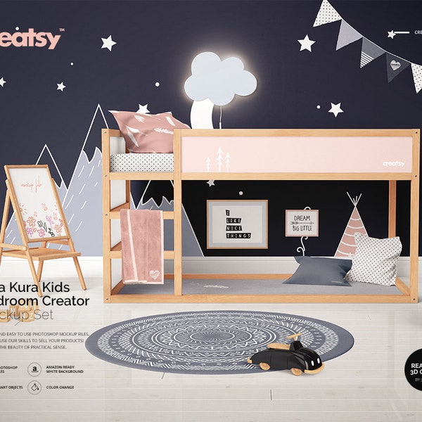 Ikea Kura Kids Bedroom Creator Mockup Set, Decals for Kura Bed Tempalte, Playhouse Mockup, Bed Accessories, Kids Room Decor, Toys Add, PSD