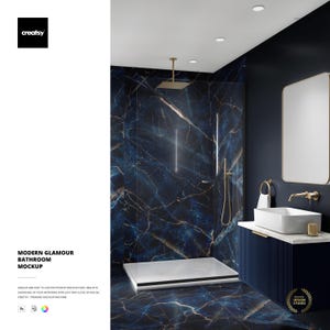 May include: A modern bathroom mockup with a dark blue marble-effect wall and floor. The bathroom features a shower, sink, mirror, and gold fixtures. The text "MODERN GLAMOUR BATHROOM MOCKUP" is displayed.