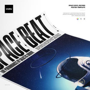 Peut inclure: Un modèle d'affiche avec les mots "SPACE BEAT" en grandes lettres noires. L'affiche présente un design sur le thème de l'espace avec un fond étoilé et un casque d'astronaute. Le texte "LIVE PERFORMANCES BY GALACTIC GROOVE" est également visible.