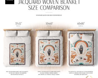 Jacquard Woven Blanket and Bedding Boho Scene & Size Comparison Mockup Set