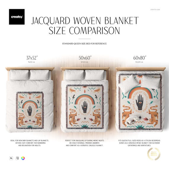 Jacquard Woven Blanket and Bedding Boho Scene & Size Comparison Mockup Set