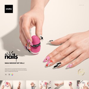May include: A pink nail polish bottle is held near a hand with long, decorated nails. The nails feature various designs, including geometric patterns and abstract art. The image also displays the text "art nails" and "NAILS MOCKUP SET VOL.2".