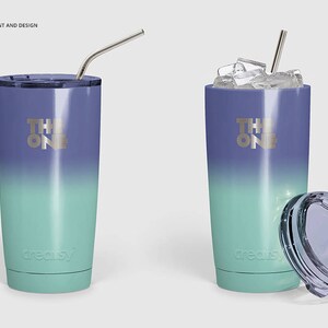 May include: Two stainless steel tumblers with a gradient design in shades of blue and green. The tumblers have a silver lid and a silver straw. The tumblers have the text "THE ONE" printed on them.