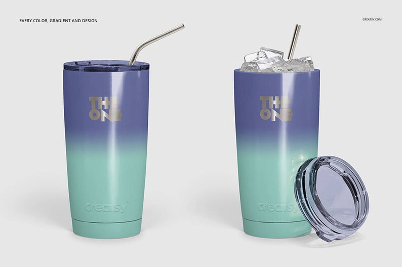 May include: Two stainless steel tumblers with a gradient design in shades of blue and green. The tumblers have a silver lid and a silver straw. The tumblers have the text "THE ONE" printed on them.